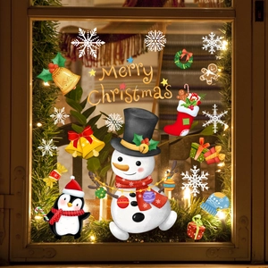 Festive Christmas window stickers with snowman, penguin, snowflakes and Merry Christmas text