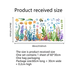 Detailed size chart for underwater world PVC wall stickers featuring coral and sea life
