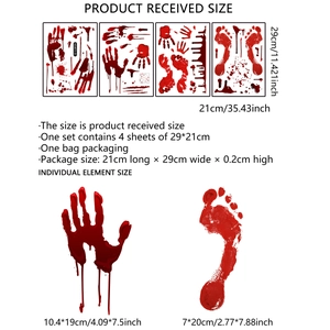 Detailed size specifications for 4-sheet Halloween bloody handprint and footprint wall decals