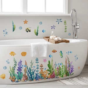 Cartoon ocean world wall stickers with fish and coral for bathtub bathroom decor