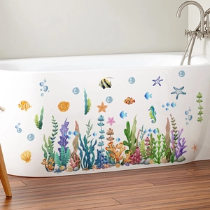 Cartoon ocean world wall stickers with coral and tropical fish on a white bathtub side