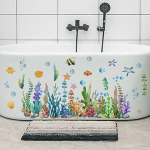 Ocean World Cartoon Fish Seaweed Starfish Bathtub Wall Sticker Waterproof PVC Decal For Kids Bathroom Nursery Home Decor