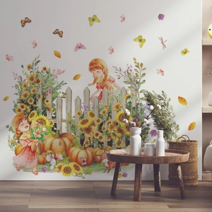 Watercolor girl and sunflower wall decals for living room autumn theme decoration