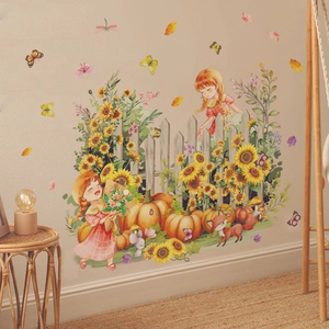 Sunflower Girl Pumpkin Wall Stickers PVC Removable Self-Adhesive Autumn Harvest Pastoral Decals For Living Room Nursery