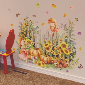 Creative sunflower and pumpkin wall stickers featuring girls and butterflies for home decor