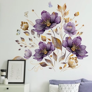 Adesivi murali fiori acquerello viola e farfalle per decorazione soggiorno elegante