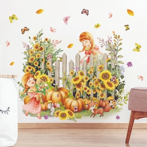 Cartoon sunflower fence girl wall decals for cozy autumn theme home nursery decor