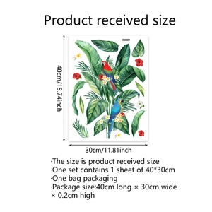Detail of tropical parrot and floral PVC wall sticker with sheet dimensions 40x30cm