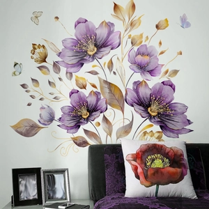 Adesivi murali floreali con fiori viola acquerello e farfalle blu autoadesivi