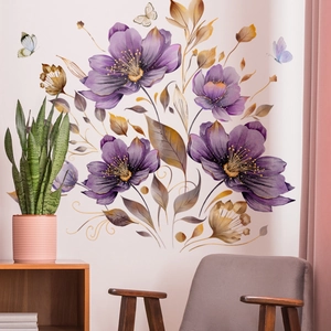 Adesivi Murali Farfalla Fiori Viola Acquerello PVC Decalcomanie Floreali Rimovibili Per Soggiorno Camera Da Letto