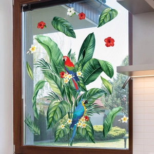 Tropical parrot and palm leaf wall stickers on glass window for home decor