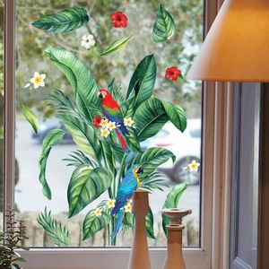 Tropical parrot wall stickers with green palm leaves and hibiscus flowers on window
