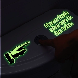 Luminous toilet flush sign glow in the dark sticker with directional hand icon and text