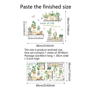 Vue détaillée du sticker mural plantes et oiseaux avec dimensions et instructions de pose