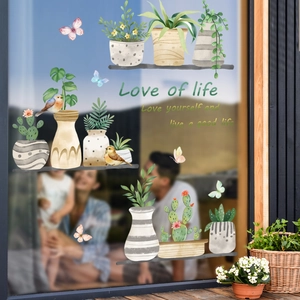 Stickers de fenêtre statiques avec plantes en pot et papillons pour décoration intérieure