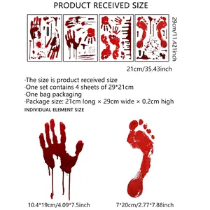 Halloween bloody handprint and footprint wall stickers set with detailed size measurements