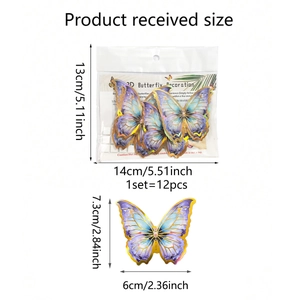 Set de 12 pegatinas de pared de mariposas 3D moradas con bordes dorados y medidas