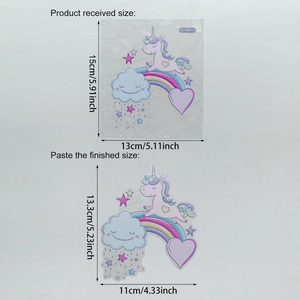 Détails des dimensions des stickers électrostatiques licorne et arc-en-ciel pour vitres