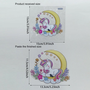 Dimensions détaillées du sticker licorne sur la lune avec mesures en cm et pouces