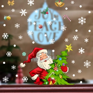 Christmas window stickers featuring Santa Claus and snowflakes with Joy Peace Love text