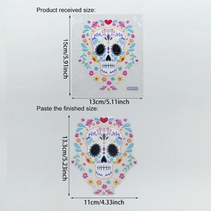Tableau des tailles détaillé pour autocollant mural crâne mexicain coloré à fleurs