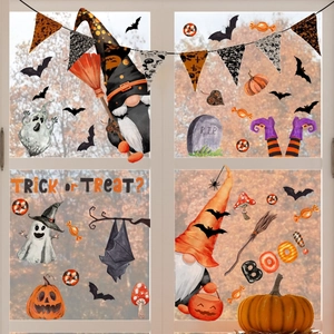 Halloween window static clings featuring ghosts bats and gnomes for festive glass decor