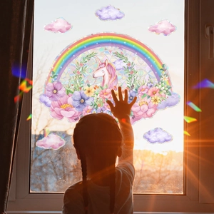 Adesivi per finestre unicorno arcobaleno con motivi floreali sotto la luce solare