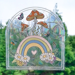 Sticker arc-en-ciel pour fenêtre avec champignons et marguerites et effet holographique