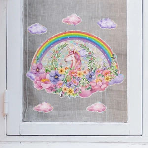 Adesivi per vetri con unicorno arcobaleno per camerette bambini con fiori colorati