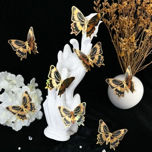 3D gold-rimmed butterfly wall stickers with black laser pattern for home decor