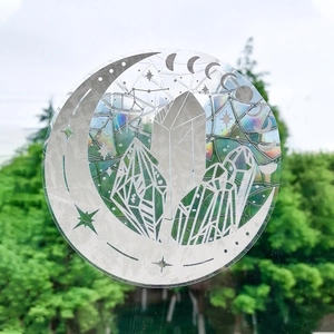 Autocollant fenêtre holographique lune et cristal avec effet arc-en-ciel éclatant