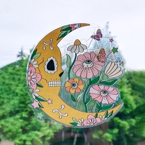 Autocollant de fenêtre arc-en-ciel avec crâne fleuri et motif de papillon coloré
