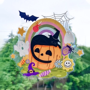 Autocollants de fenêtre Halloween arc-en-ciel avec citrouille, chat noir et fantôme