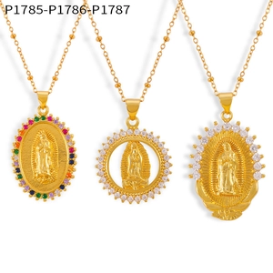 Detailed view of copper gold Virgin Mary pendants with colorful cubic zirconia