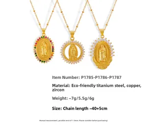 Detailed set of three gold plated Virgin Mary pendants with colorful cubic zirconia