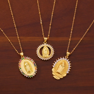 Virgin Mary Pendant Necklace Copper Zircon Inlaid Titanium Steel Satellite Chain Religious Jewelry For Women
