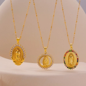 Our Lady of Guadalupe necklaces in gold finish with colorful cubic zirconia accents