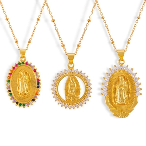 Gold Virgin Mary pendants with colorful cubic zirconia stones and beaded chain necklace