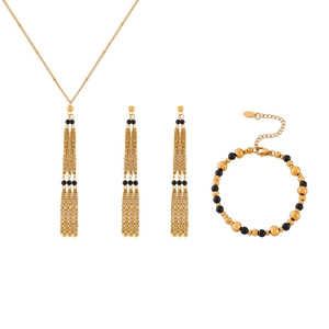 Bohemian gold 18k titanium steel jewelry set with black stones and fine tassels
