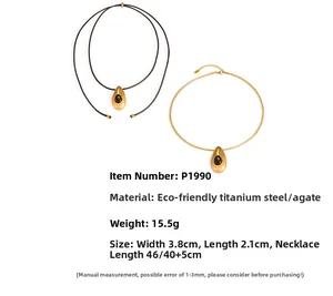 Détails des colliers en acier titane plaqué or 18k avec pendentifs goutte d'agate noire