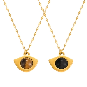 Titanium steel necklace with tiger eye and black agate fan pendants on gold chain