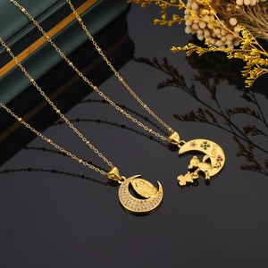 Gold Plated Copper Crescent Moon Pendant Necklace Virgin Mary Religious Zirconia Bear Heart Love Charms Satellite Chain Women Jewelry