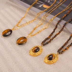 Collier Pendentif Pierre Oeil De Tigre Acier Titane Rétro Français Chaîne Perlée Bijoux Gemme Ovale Femmes