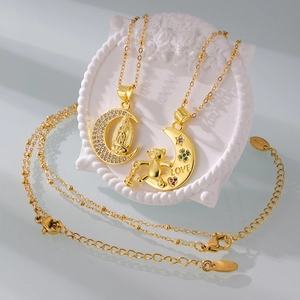 Gold-plated moon necklaces with CZ crescent Virgin Mary and Teddy Bear LOVE pendants