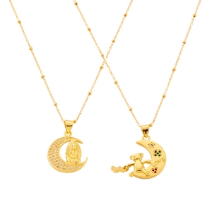 Gold necklaces with Virgin Mary crescent moon and teddy bear LOVE pendants with zircons