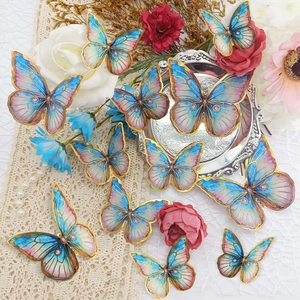 3D pink and blue gradient butterfly wall stickers with gold edges for home decoration