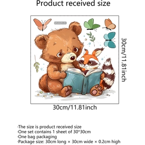 Cartoon wall decal with bear reading books and butterflies for nursery decor, 30x30cm size