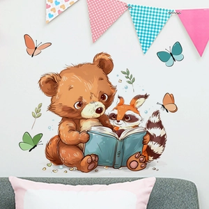 Cartoon Bear And Raccoon Reading Book Wall Stickers PVC Self Adhesive Nursery Decor Butterflies Watercolor Style