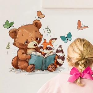 Cartoon bear and squirrel reading book wall decals for kids room nursery decor