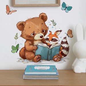 Cute bear and red panda reading a book wall sticker with colorful butterflies for kids room